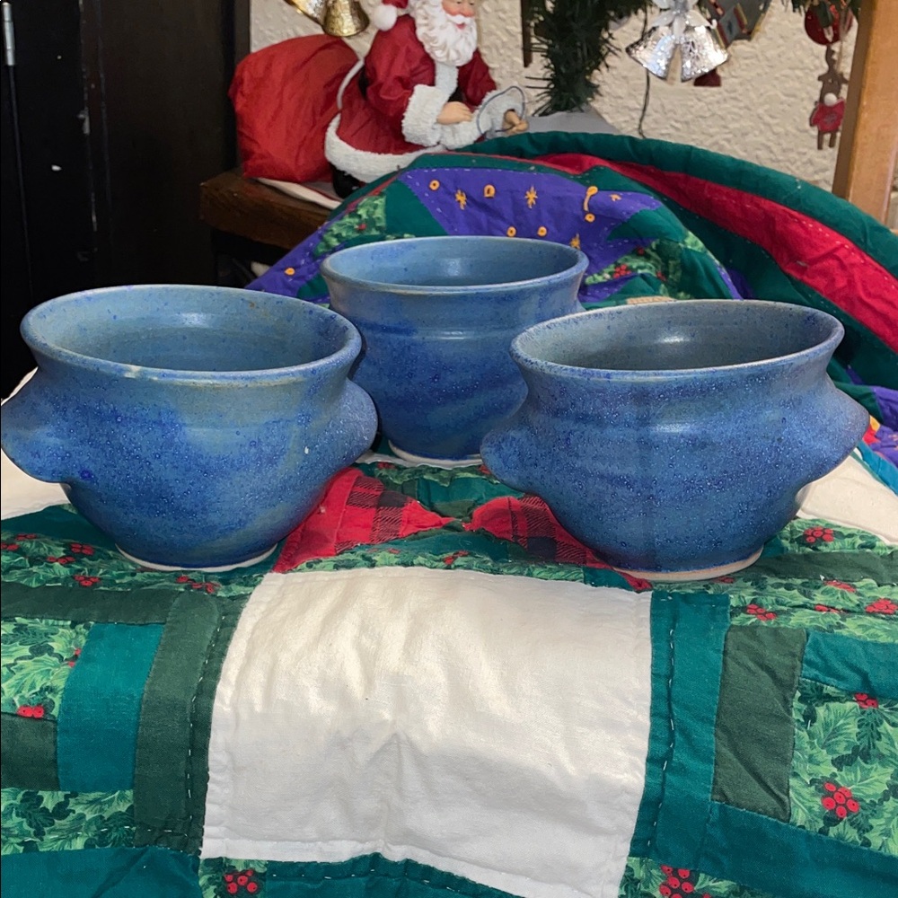 Set of Three Blue Ceramic Bowls